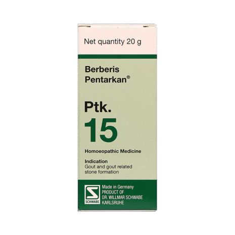 A box of Berberis Pentarkan homeopathic medicine, containing 20g, indicated for gout and stone formation.