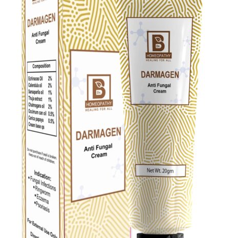 A 20g tube of Darmagen anti-fungal cream with a decorative box displaying product details and ingredients.