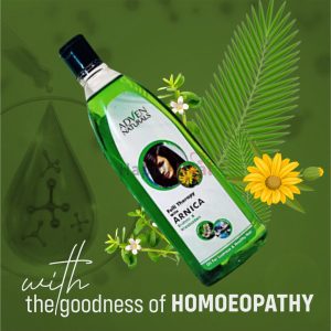 A bottle of Adven Naturals Fall Therapy with Arnica, surrounded by botanical elements and a green background, emphasizing the product's homoeopathic benefits.