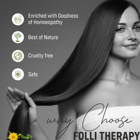 High-Quality Hair Care Benefits Promotional image highlighting the benefits of Folli Therapy, featuring a woman with long, shiny hair and icons representing homoeopathy, nature, cruelty-free, and safety.