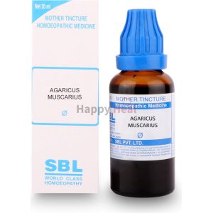 A 30 ml bottle of Agaricus Muscarius mother tincture with a blue cap and a white labeled box, representing a homeopathic medicine.