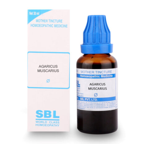 Agaricus Muscarius Homeopathic Tincture A 30 ml bottle of Agaricus Muscarius mother tincture with a blue cap and a white labeled box, representing a homeopathic medicine.