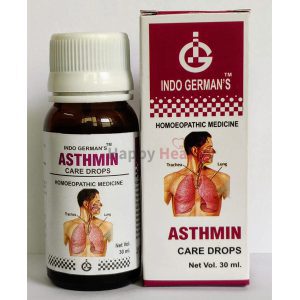 A 30ml bottle of homoeopathic medicine labeled "Asthmin Care Drops" alongside its packaging featuring an illustration of the respiratory system.