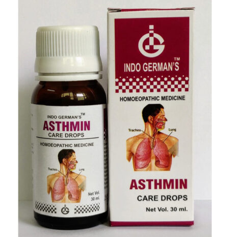 A 30ml bottle of homoeopathic medicine labeled "Asthmin Care Drops" alongside its packaging featuring an illustration of the respiratory system.