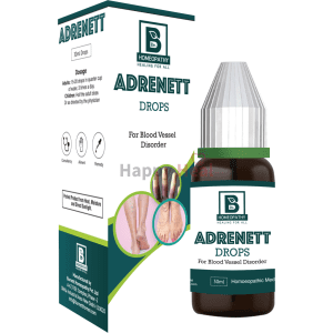 A homeopathic remedy bottle with its packaging, labeled "ADRENETT Drops," indicating usage for blood vessel disorders and dosage instructions.