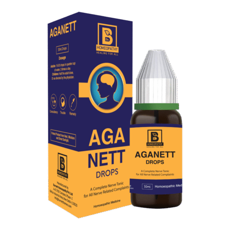 30ml bottle of Aganett Drops, a homeopathic remedy for nerve-related complaints, featuring dosage instructions and branding on the package.