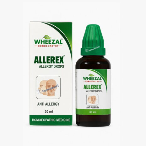 A 30 ml bottle of Wheezal AllereX allergy drops alongside its packaging, labeled as homoeopathic medicine for anti-allergy use.