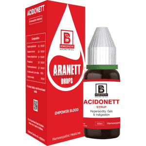 A bottle of ACIDONETT homeopathic syrup alongside its red and white packaging, highlighting its use for hyperacidity, gas, and indigestion.