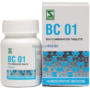 A bottle and box of BC 01 homeopathic medicine, designed to aid in treating anemia, featuring blue labeling and a clear product description.