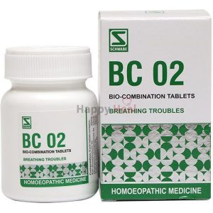 A bottle and box of BC 02 bio-combination tablets, used for alleviating breathing issues.