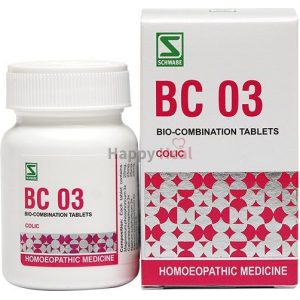 A bottle of BC 03 bio-combination tablets for colic, alongside its packaging, showcasing the label and branding of Schwabe.