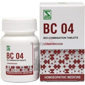 Bottle of BC 04 bio-combination tablets next to its packaging, labeled for constipation relief.