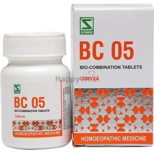 A bottle and box of BC 05 bio-combination tablets designed for the treatment of coryza, featuring a white container with orange accents.