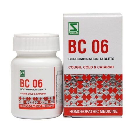 A bottle and box of BC 06 Bio-Combination Tablets for cough, cold, and catarrh, labeled as homeopathic medicine.