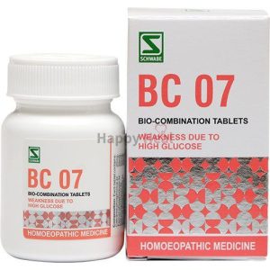 Bottle and packaging of BC 07 bio-combination tablets, indicated for weakness due to high glucose levels.