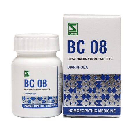 A bottle and box of BC 08 bio-combination tablets for treating diarrhoea, labeled with dosage information and branding.