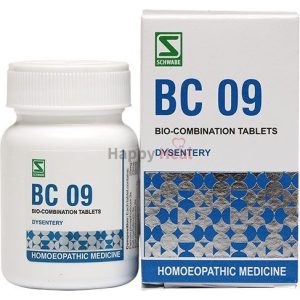 A bottle and box of BC 09 homeopathic medicine for dysentery, featuring blue and white packaging with text indicating its use and formulation.