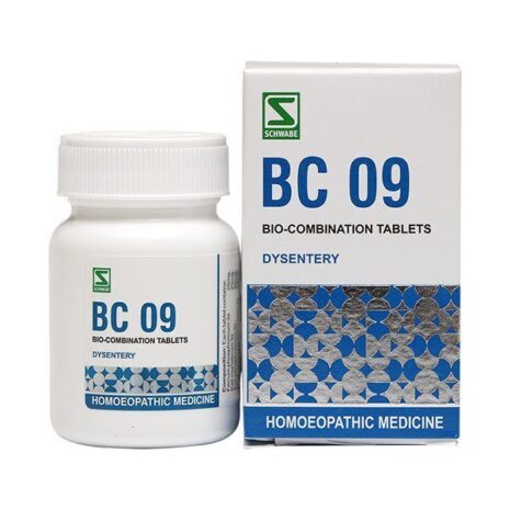 A bottle and box of BC 09 homeopathic medicine for dysentery, featuring blue and white packaging with text indicating its use and formulation.