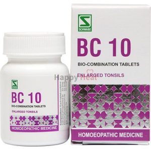 A bottle and box of BC 10 bio-combination tablets labeled for treating enlarged tonsils, by Schwabe.
