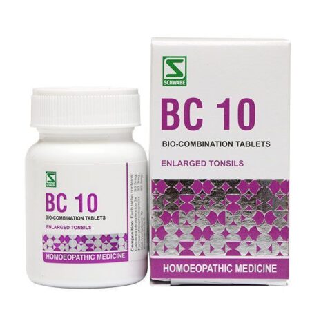 A bottle and box of BC 10 bio-combination tablets labeled for treating enlarged tonsils, by Schwabe.