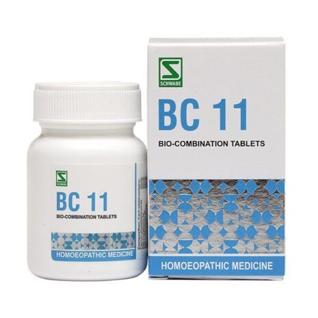 A white bottle and box of BC 11 bio-combination tablets, showcasing the label and design elements prominently.