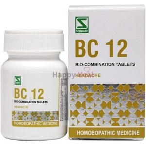 A bottle and box of BC 12 bio-combination tablets, labeled for headache treatment, presented as homeopathic medicine by Schwabe.