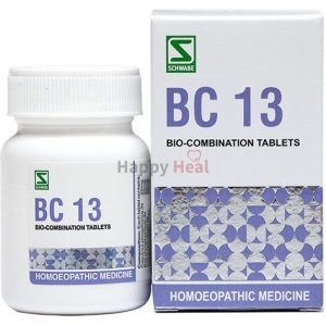Container and packaging of BC 13 bio-combination tablets by Schwabe, featuring a white bottle and box with distinctive labeling.
