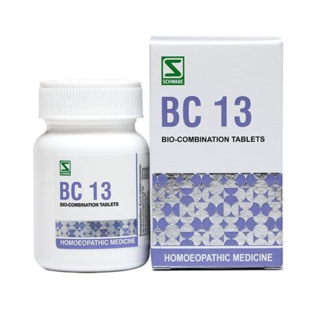 Container and packaging of BC 13 bio-combination tablets by Schwabe, featuring a white bottle and box with distinctive labeling.