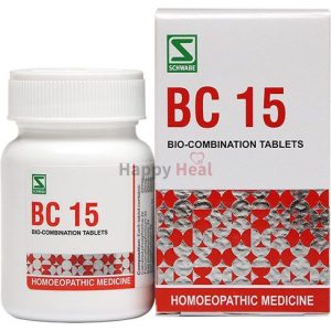 A bottle and box of BC 15 bio-combination homeopathic medicine tablets by Schwabe, featuring a white and red design.