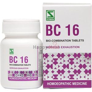 A bottle and box of BC 16 bio-combination tablets for nervous exhaustion, featuring a label with product details and a purple design.