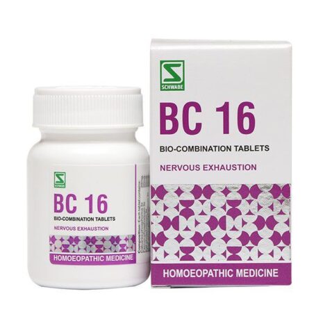 A bottle and box of BC 16 bio-combination tablets for nervous exhaustion, featuring a label with product details and a purple design.