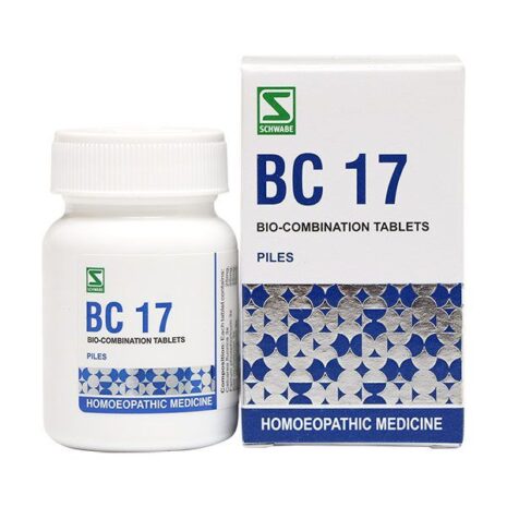 A container and packaging of BC 17 bio-combination tablets for the treatment of piles, labeled under homoeopathic medicine.