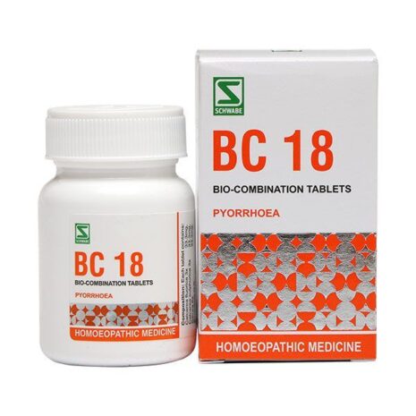 Container and packaging of BC 18 bio-combination tablets, labeled for the treatment of pyorrhoea.