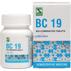 A bottle and box of BC 19 bio-combination tablets for joint pain, labeled as homoeopathic medicine from Schwabe.
