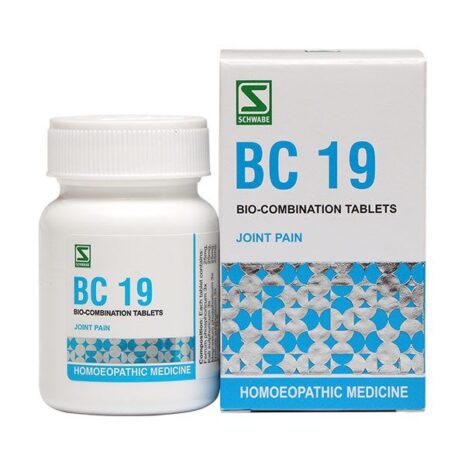 A bottle and box of BC 19 bio-combination tablets for joint pain, labeled as homoeopathic medicine from Schwabe.
