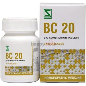 A bottle of BC 20 bio-combination tablets alongside its packaging, labeled for treating skin diseases, featuring a white container and a decorative box.