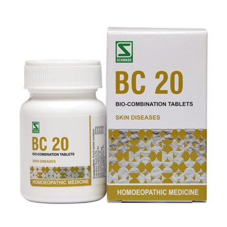 BC 20 Bio-Combination Tablets for Skin Health A bottle of BC 20 bio-combination tablets alongside its packaging, labeled for treating skin diseases, featuring a white container and a decorative box.