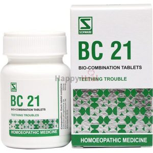 A bottle and box of BC 21 bio-combination tablets designed to alleviate teething discomfort, showcasing branding and usage instructions.