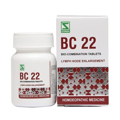 A bottle and box of BC 22 bio-combination tablets, labeled for lymph node enlargement, produced by Schwabe, indicating it's a homeopathic medicine.