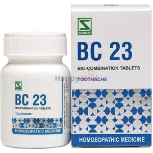 Bottle and box packaging of BC 23 homeopathic bio-combination tablets designed for toothache relief.