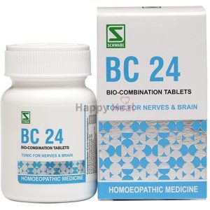 A bottle and box of BC 24 bio-combination tablets, labeled as a tonic for nerves and brain, features a simple design with blue and white colors.