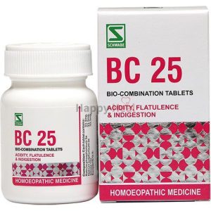 Container and box of BC 25 bio-combination tablets, labeled for acidity, flatulence, and indigestion, from Schwabe.