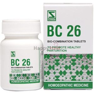 BC 26 Homeopathic Medicine for Healthy Parturition:::A bottle of BC 26 homeopathic tablets alongside its packaging, designed to promote healthy childbirth.