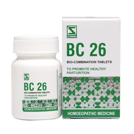 BC 26 Homeopathic Medicine for Healthy Parturition:::A bottle of BC 26 homeopathic tablets alongside its packaging, designed to promote healthy childbirth.