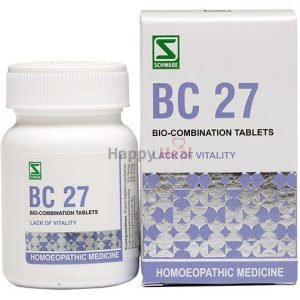 Container of BC 27 bio-combination tablets alongside its packaging, labeled for addressing lack of vitality in a homeopathic treatment.