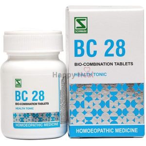 A bottle of BC 28 homeopathic health tonic tablets alongside its packaging, featuring product details and branding.