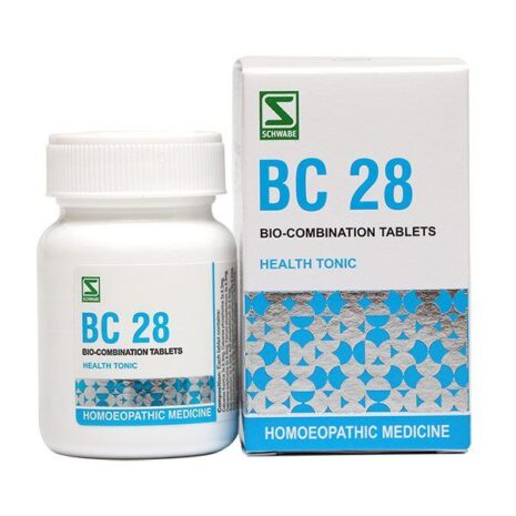 A bottle of BC 28 homeopathic health tonic tablets alongside its packaging, featuring product details and branding.