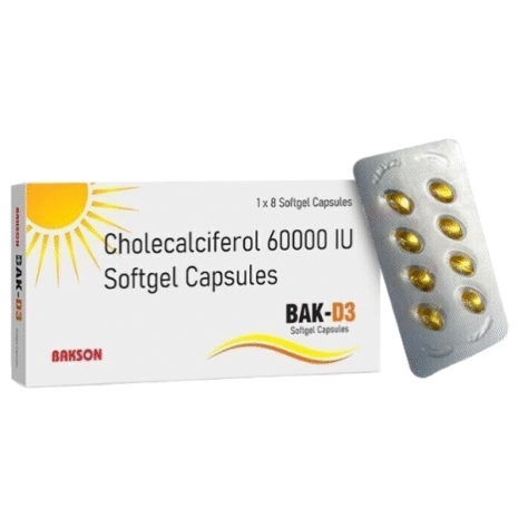 Cholecalciferol Softgel Capsules by Bakson A blister pack of Cholecalciferol 60000 IU softgel capsules alongside the product box, featuring sun graphics and information on dosage.