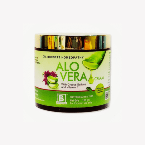Aloe vera cream jar with crocus sativus and vitamin E, labeled for soothing and moisturizing skin.
