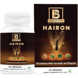 A bottle of Hairon hair growth capsules with a stylish box, promoting hair growth and repair, featuring a homeopathy branding.